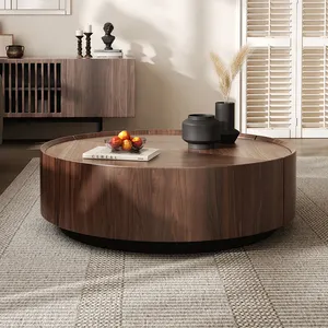 Mid-century Modern Walnut Bark Wood Frame Metal Base Round Coffee Table Modern Simple Living Room Storage Coffee Table