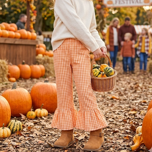 Pantaloni a Quadretti con Volant per Bambine, <span class=keywords><strong>Leggings</strong></span> Boutique con Orlo a Balze, Pantaloni a Quadri <span class=keywords><strong>Arancioni</strong></span> con Volant, Abbigliamento Autunnale per Bambini - Product Image 2