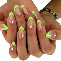 Faux ongles à presser pour femmes, transparents, vert néon, longs, forme amande, French manucure en V, finition brillante, pour style Y2K, été, pop et glamour
