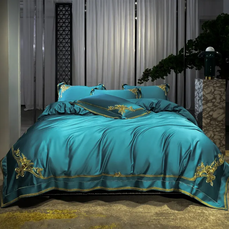 wholesale customized luxury bed sheet king queen size 4 pcs 100%cotton duvet quilt cover household embroidery green bedding set