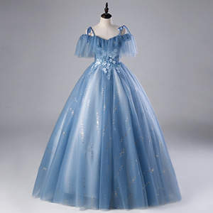 Blue Off The Shoulder Evening Gown With Floral Print Empire Waist Long Tulle Dress For Banquets And Performances - Product Image 1
