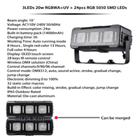 Projecteur LED Pixel sans fil IP65 étanche 3x20W 6-en-1 à batterie, contrôlable par application Wifi et DMX512, pour événements extérieurs, DJ, fêtes et spectacles