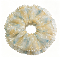 Chouchou en mousseline vintage à bordure de perles, double usage : chouchou pour cheveux et bracelet de poignet, accessoire capillaire élégant pour femmes