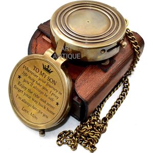 <b>Engraved</b> Brass <b>Compass</b> with Leather Case Hanging Ring Portable Design-Hiking Gift for Son From Mom - Product Image 4