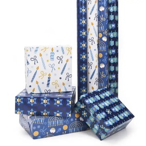 Custom Happy Chanukah Gift Wrap <b>Paper</b> <b>Roll</b> <b>Blue</b> Menorah Star Design Single Sided Coated Art <b>Paper</b> Eco-Friendly Digital Printing - Product Image 5