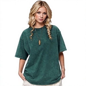 Camiseta Oversize de Cuello Redondo para Mujer, Verde Sólido, Algodón Lavado, Corte Holgado, Manga Corta, Estilo Primavera-Verano - Product Image 1