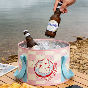 Insulated Cartoon <b>Folding</b> Water <b>Bucket</b> 20x30cm Portable Outdoor Camping Multi-purpose Basin For Washing Face And Soaking Feet - Product Image 2