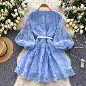 Vestido Midi Casual de Primavera para Mujer, Cuello en V, Corte en A, Manga Linterna, Estampado Digital, Bordado, Tejido Sólido - Product Image 3