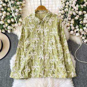 Hot Drill Broderie Revers Chemise à manches longues <span class=keywords><strong>Femme</strong></span> Automne <span class=keywords><strong>Veste</strong></span> ample Blouse - Product Image 5