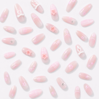 Faux ongles à presser en amande, rose nude, avec nœud 3D et motif étoile, style French, réutilisables, couvrance totale, prêts à poser