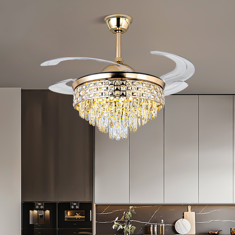 Mode Round Luxury Crystal LED Celling Fan Lamp Silent ABS Blades Remote Adjustable Height for Livingroom Dining Fan Chandelier