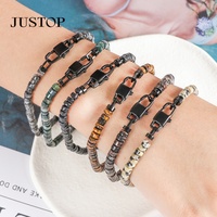 Gelang manik-manik unisex berbahan stainless steel lapis emas premium vintage geometris dengan batu alam, model lobster clasp, Justop