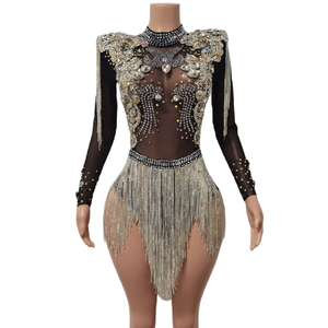 Mono corto transparente con borlas para mujer, mono Sexy con borlas para actuaciones en escenario, leotardo para fiesta y Club nocturno, monos con diamantes de imitación - Product Image 1