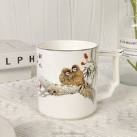 Tasse de conférence créative de fleurs et d'oiseaux de Style chinois avec couvercle tasse en céramique d'affaires de bureau à domicile avec bordure dorée