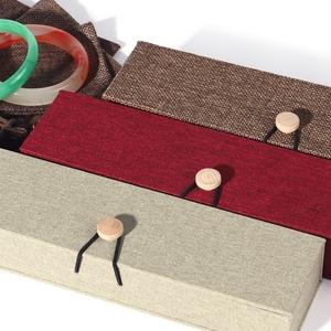 Wholesale Rectangle Vintage Pendant Bracelet Necklace <b>Box</b> Hook and Loop Linen Fabric Wood Buckle <b>Box</b> Packaging Jewelry Cases - Product Image 4