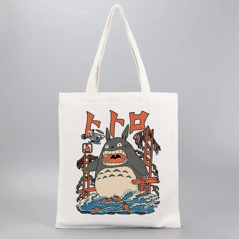 Lower MOQ Custom Japanese Style Digital Print 34 X 40 CM 12oz Heavy Duty Women's Poly Cotton Canvas Tote Bag