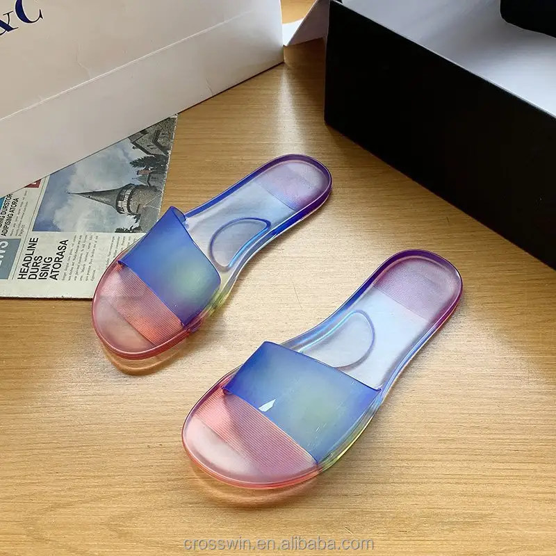 2023 Summer Women's New Sandals Casual Transparent Jelly Color Flat Bottom Beach Shoes Ladies One-word Slippers