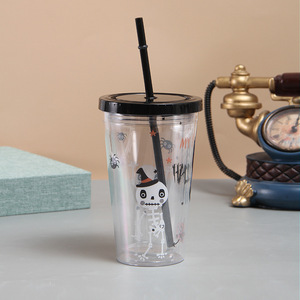 450ml Trick Or Treat Skull Cross Tomb Bat Print Double Wall Clear Plastic Tumbler with Black Flat Lid & Matching Black Straw - Product Image 1