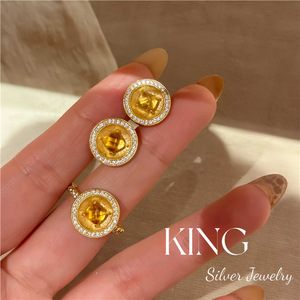 King Silver Jewelry S925 Sterling Silver Gold Plated Disc Yellow Crystal <b>Ring</b> And Earrings Set Women's Everyday Wear - Product Image 2