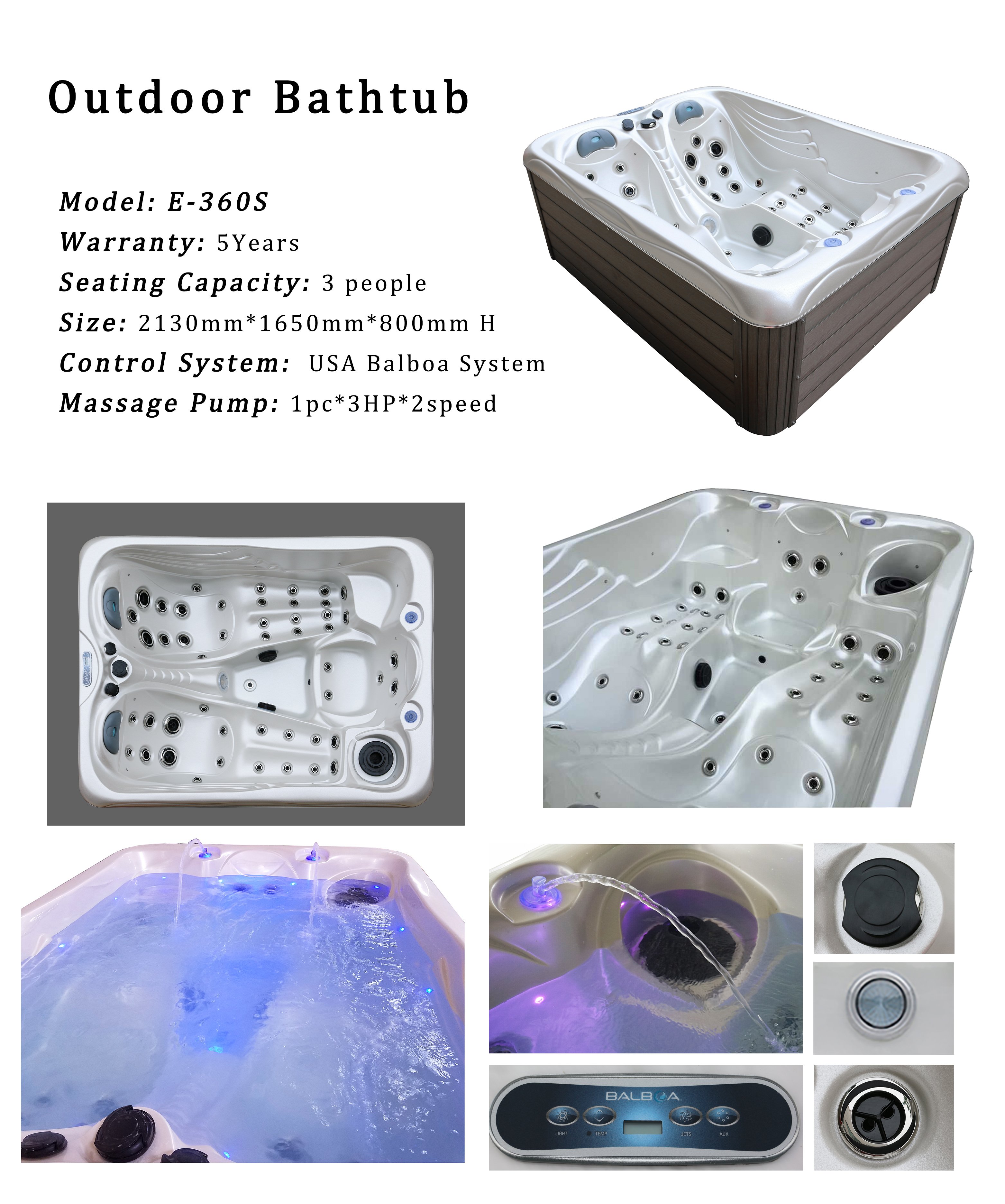 3 People Balboa Control Whirlpool Hot Tub Small Bathtub Spa With UV Light