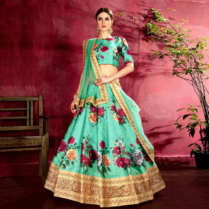 Floral Print Woven Silk Lehenga Choli Set <b>Sequin</b> Embroidery Dupatta Women Ethnic Wedding Outfit Knee Length - Product Image 1