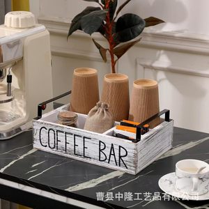 Wooden tableware storage <b>box</b>, solid wood <b>coffee</b> and tea bag organizer for kitchen countertop, with compartments for paper cups, - Product Image 1