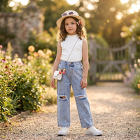 Vêtements pour enfants tendance, taille 90-130, haut sans manches et pantalon en jean déchiré, ensemble de deux pièces pour filles en bas âge