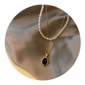 Wholesale Women Freshwater Pearl Necklace <b>Copper</b> Cat Eye Charms Black Natural Stone Pendant Necklace - Product Image 1