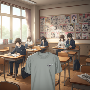 T-Shirt Anime Club Grigia a Maniche Corte con Collo Rotondo e Testo Giapponese Ricamato, Unisex per Adulti, Abbigliamento Promozionale - Product Image 2