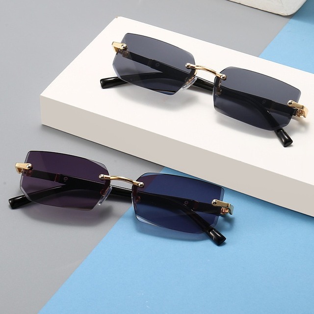 New Design Custom Logo Multi-color Small Rectangle Shape Sun Shades Glasses Trendy Rimless Cut Sunglasses for Men Women Eyewear