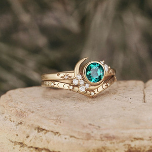 Gold Plated Star <b>Moon</b> <b>Ring</b> Green Diamond Prong Setting Women's Fashion Jewelry Gift - Product Image 4