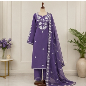 Purple Embroidered <b>Kurta</b> Pant Set with Net Dupatta Designer Ethnic Wear <b>Women</b> Party Wedding Festive Collection - Product Image 1