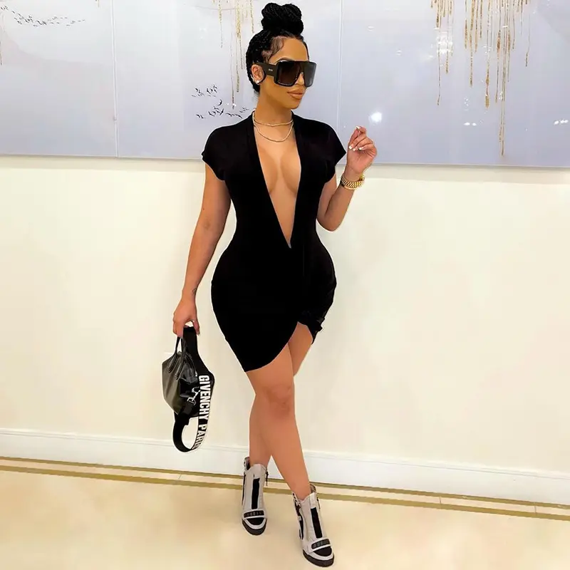 2022 Newest Short Sleeve Casual Dress Women Sexy Deep V Tight Hip Bodycon Summer Cheap Casual Women Dress