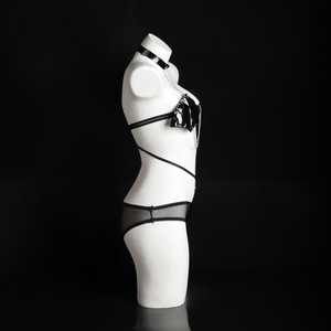 Glossy <b>Halter</b> <b>Neck</b> Strap <b>Bra</b> With Chain Women Sexy Costume PU Material Three Point Design - Product Image 3