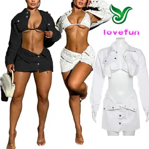 2023 New Fashion Herbst 3-teiliges Rock-Set Outfits Trendy Damen-Jeans-Set mit BH-Crop-Jacke und Minirock-Set Crop