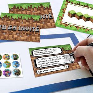 การ์ดเชิญวันเกิดธีม Minecraft แบบกำหนดเอง พร้อมซองจดหมายและชุดสติกเกอร์ พิมพ์ดิจิทัลภาษาฝรั่งเศส ผิวด้าน - Product Image 1