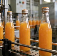 Concurrerende productlijn voor volautomatische glazen flessen, van A tot Z, voor sapproductie en -vulling.