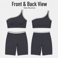Conjunto de ropa deportiva al por mayor para mujer: Sujetador deportivo de un solo hombro y shorts de ciclista de cintura alta con ribete en contraste para entrenamiento.