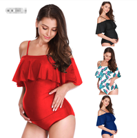 Nieuwe Ruche Volants Eendelig Badpak Zwangere Vrouw Plus Size 3XL Solid Rood Zwart Moederschap Badmode Strand Badpak