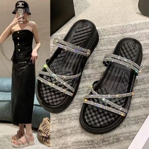 <b>Silver</b> Glitter Flat Sandals <b>Open</b> <b>Toe</b> Cushioned EVA Sole Slip-On Chunky Summer Women's Shoes - Product Image 1