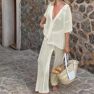 Beach Suit Women's Solid Color Sexy Knitted Hollow Out Beach Bikini Swimsuit Outer 2 Pieces Set Fashion - Product Image 6