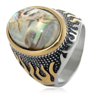 yunnique Men's <b>Titanium</b> Steel Flame <b>Ring</b> Oval Stone Bezel Setting Two Tone Punk Style Jewelry Gift - Product Image 1