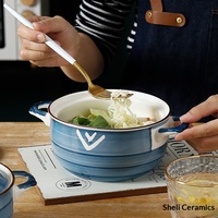 Bol à ramen en céramique à double poignée, peint à la main, créatif, pour étudiants, pot en grès, vaisselle en céramique, bol à soupe