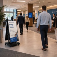 Affichage numérique professionnel à double écran de 43 pouces pour banques et halls d'entreprises, kiosque publicitaire double face mobile avec roues