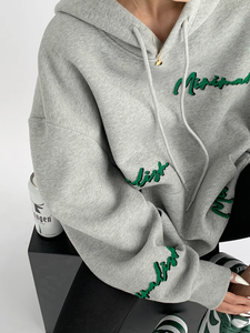 <span class=keywords><strong>Felpa</strong></span> Pullover Oversize da <span class=keywords><strong>Donna</strong></span> con <span class=keywords><strong>Cappuccio</strong></span> e Motivo Personalizzato, Maniche Raglan Invernali Casual, Ricamo Lettere e Tessuto Intrecciato - Product Image 2