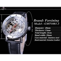Forsining Silbernes Gehäuse Skelett-Uhrwerk Schwarze Rote Zeiger Echtleder-Armband Automatikuhren für Herren Transparente Uhr