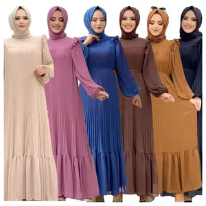 SIPO Abaya Muslim untuk Wanita dan Wanita Warna Solid Lipit Ruffle Longgar Gaun Sutra Maxi Sederhana Gaun Arab Modern Perempuan