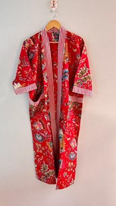 Robe kimono pour femmes, imprimé floral rouge, manches courtes, longueur intégrale, vêtements de nuit décontractés, 100% coton tissé, doux, lavable en machine - Product Image 2