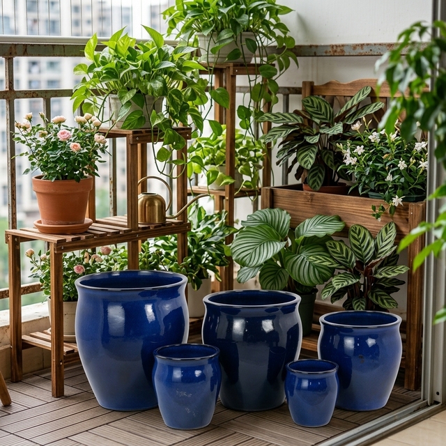 All-Weather Deep Blue Ceramic Plant Pot, Complete Sizes Combo for Backyard & Villa Garden