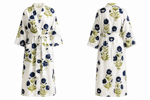 Bata de baño de algodón con estampado floral para mujer, cuello en V, manga larga, transpirable, de longitud completa, estilo kimono, con pantalones y cinturón, conjunto envolvente para el hogar - Product Image 3